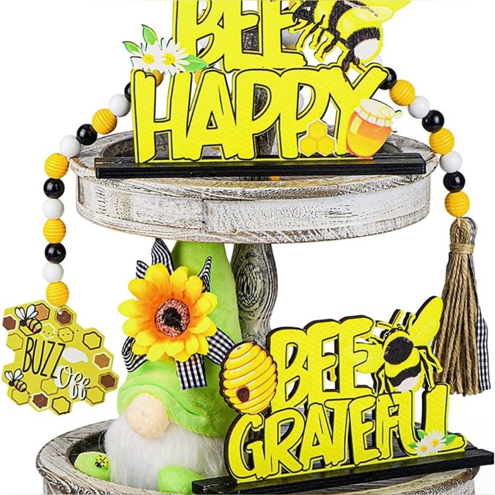 NEW 4 Piece Bee Tiered Tray Decor Set